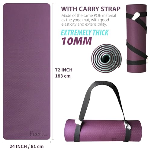 Feetlu Extra Thick Exercise Yoga Mat with Strap - 2/5 Inch (10MM), Non-Slip Workout Mat for Yoga, Pilates, and Floor Exerc...