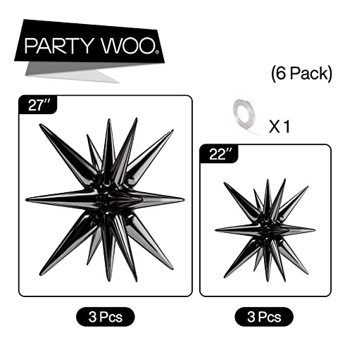 PartyWoo Black Star Foil Balloons 6pcs Different Sizes Pack of 27 22 Inch Large Black Explosion Spike Mylar Balloons for G...