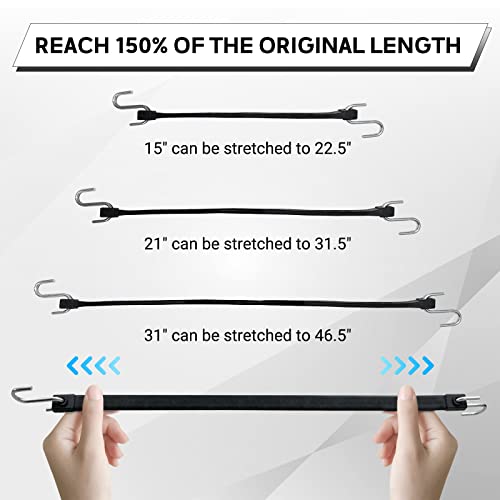 ROBLOCK 21" Rubber Tarp Straps with 150% Max Stretch, 100% EPDM Bungee Cords with Metal Crimped S Hooks, Ideal for Securin...