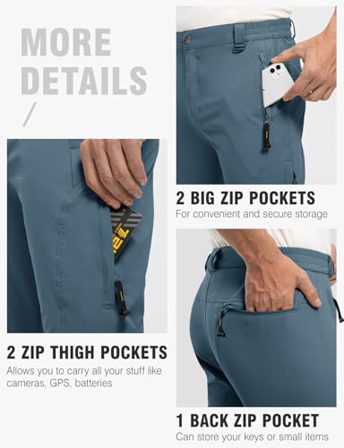 TBMPOY Men's Lightweight Hiking Pants with Belt 5 Zip Pockets Waterproof Quick-Dry Travel Fishing Work Outdoor Pants