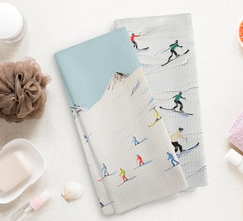 NOQL Winter Skiing Skier Kitchen Towels and Dishcloths Set of 2, Ski Skiing Gifts for Skiers, Ski Christmas Ornaments Deco...