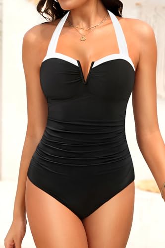 Daci Women's Tummy Control One Piece Swimsuit - Slimming Retro Bathing Suit Halter Swimwear 2026