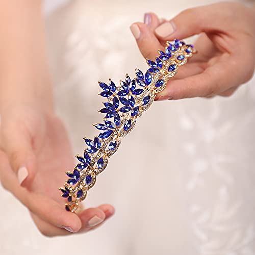 JWICOS Rhinestones Navy Blue Crystal Leaves Tiara and Crown Bridal Headband Tiara Headdress for Wedding/Christmas/Photogra...