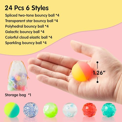 JOYIN 24 PCS Multistyle Bouncy Balls, 6 Styles 32mm Assorted Bouncy Balls Bulk with Storage Bag, Bounce Toys for Kids Part...