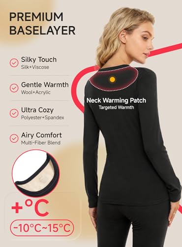 TRENDOUX Thermal Underwear for Women: Wool Long Johns Set with Fleece, Warm Base Layer Stretchy Top and Bottom Cold Weather