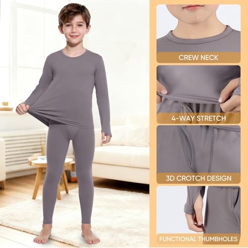 Bodvera Thermal Underwear for Kids，Boys Fleece Lined Base Layer Long Johns Thermals Top and Bottom Set for Winter Skiing