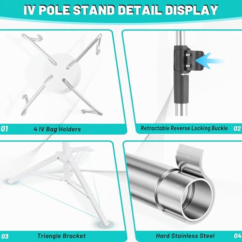 Crilealym IV Poles,46to 85In IV Stand Floor with 4 IV Bag Holder Stand Portable Telescopic Stabilizing Tripod Stainless St...