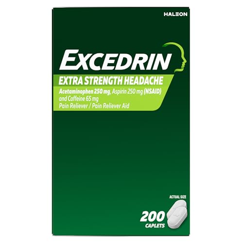 Excedrin Extra Strength Pain Relief Caplets for Headache Relief, Acetaminophen 250mg, Aspirin 250mg, Caffeine 65mg, Pain Reliever, 200 Count