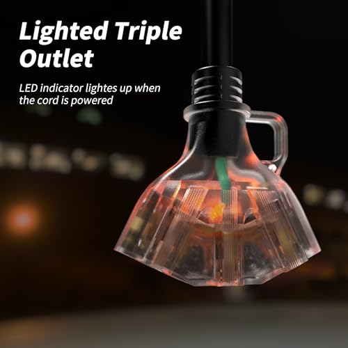 PlugSaf 50 FT 16/3 Gauge Outdoor Extension Cord with Multiple Outlets Light Indicator, Flexible 3 Outlet Weatherproof Exte...