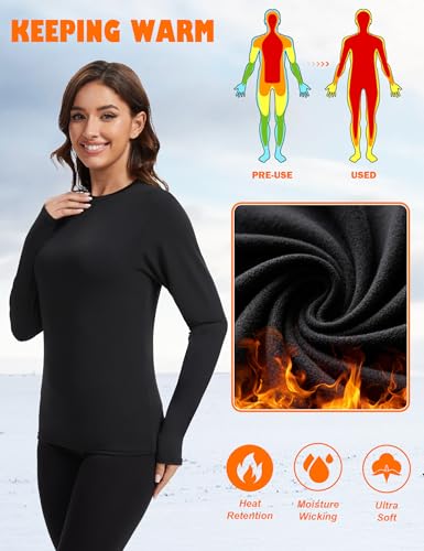 Kinglaman 5 Pack Women Long Sleeve Thermal Shirts, Crew Neck Fleece Lined Base Layer Underwear Cold Weather Tops