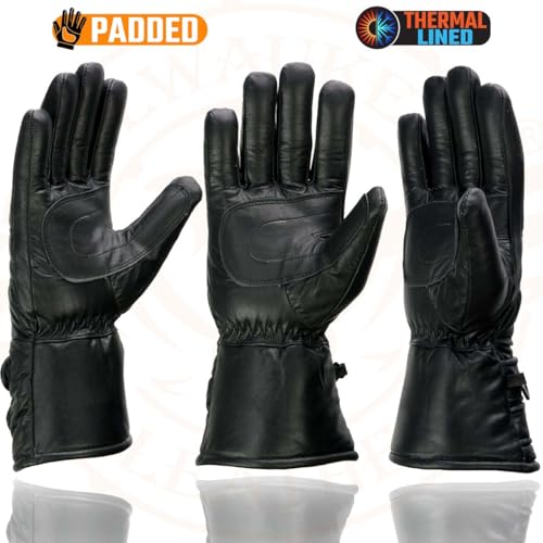 Milwaukee Leather SH233 Men's Black Leather Warm Lining Gauntlet Motorcycle Hand Gloves W/Double Strap Cuff Pull-on Closure