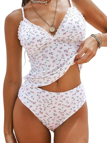 ZAFUL Women's Spaghetti Strap Tankini Swimsuits V Neck Tummy Control Tie Side Thong Bikini Swimsuits 2 Piece Bathing Suits