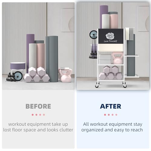 Yoga Mat Storage Rack，Home Gym Storage Rack Gym Workout Equipment Storage Organizer Fitness Weight Rack on Wheels for Yoga...