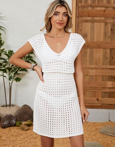 Allifewithu Women's Summer Sleeveless Cover Ups Waist Tie Mini Dress V Neck Swimsuit Crochet Cover Up