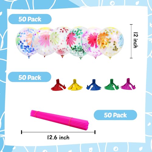 50 Pieces Flower Print Confetti Balloons 12 Inch Colorful Clear Floral Latex Balloon with Balloon Holder Sticks Spring Sum...