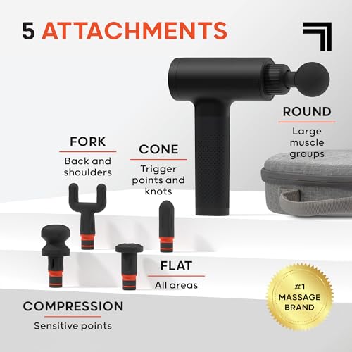 Sharper Image Deep Tissue Percussion Massage Gun, Powerboost Rechargeable Handheld Massager, 6 Adjustable Speeds, 5 Attach...