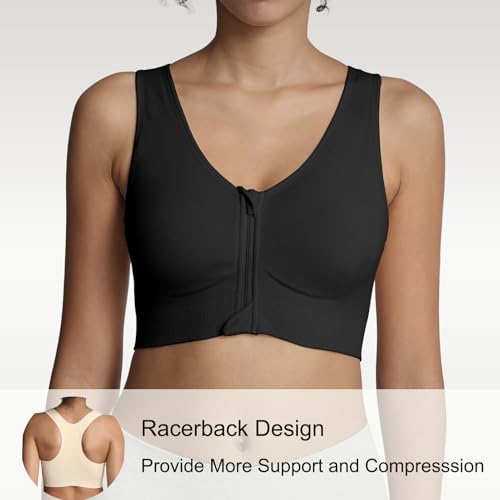 Lemef Front Zipper Sports Bras for Women Wirefree Post Surgery Bra Front Closure Racerback Compression Mastectomy Bras