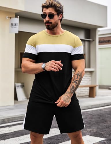 Babioboa Men's Short Sleeve Colorblock T Shirt & Shorts Sweatsuit Set Summer 2 Piece Outfits Casual Athletic Sports Tracksuit
