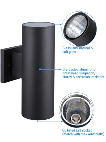 LEONLITE Modern Outdoor Cylinder Wall Lights 12", Porch Light in 2 Lights, Up Down Lights, Matte Black Waterproof Wall Sco...