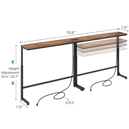 Kitstorack 2-Pack Rustic Brown Console Table, 7.9" Deep Panel, Adjustable Height (25"-33") & Built-in Power Outlets, Behin...