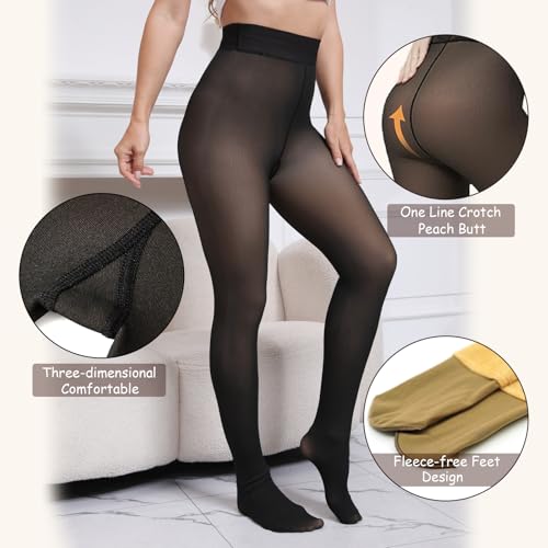 Apriddeo One-Seam Warm Fleece Lined Tights Women Fake Translucent Pantyhose High Waist Thermal Leggings Sheer Winter Tights
