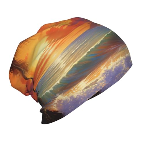 Tropical Sunset Print Beanie Hat Soft Thermal Cap Winter Headwear for Cold Indoor Outdoor Activities Black