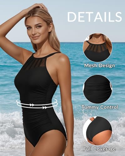 Holipick Women Tummy Control One Piece Swimsuit Modest Bathing Suit Full Coverage High Neck Swimwear