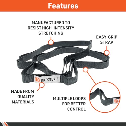 Body Sport Static Stretch Strap, 6 ft. Long - Durable Woven Tool for Home Fitness & Gym with Loops for Yoga, Stretching, P...