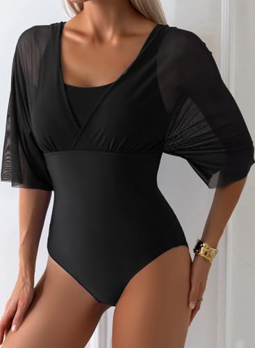 Aleumdr Women's One Piece Swimsuit Modest Tummy Control Bathing Suit V Neck Mesh Sleeve Slimming Swimwear Beachwear