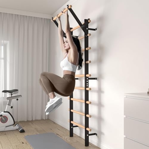 GMWD Swedish Ladder, Stall Bar, Suspension Trainer with Pull-Up Bar and Dip Bar Attachments, Wooden Stall Bar with 9 Strat...