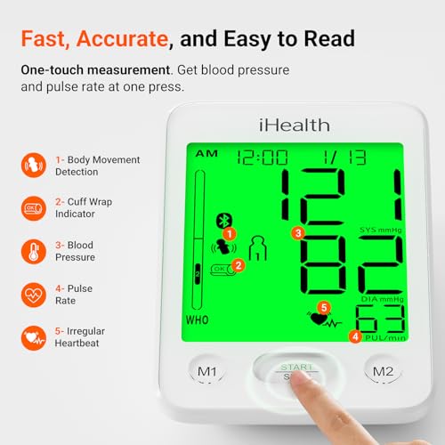 iHealth Accu Luminate Blood Pressure Monitor – 4.5" Tri-Color WHO-Based LCD(White), Clinically Accurate, Irregular Heartbe...