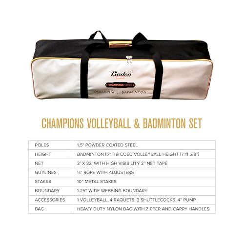 Baden Champions Volleyball/Badminton Portable Combo Set, 4 Raquets + 3 Birdies + Boundary + Volleyball + Pump + Carry Bag