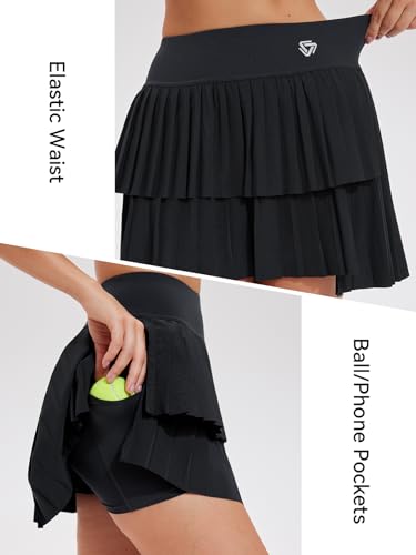 Tennis Skirt Set for Women Two Piece Golf Pickleball Outfits Double Ruffle Pleated Athletic Skirts Sets with Pockets