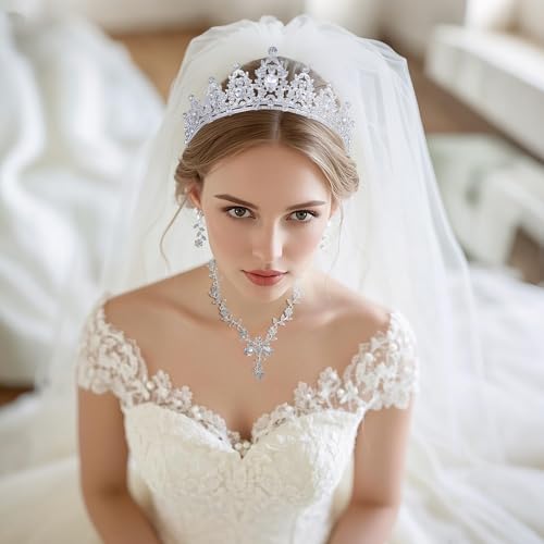 Kamirola Tiaras and Crowns for Women,Tiaras Earrings Necklace, Crystal Bridal Jewelry Set, Costume Party Halloween Prom Pa...
