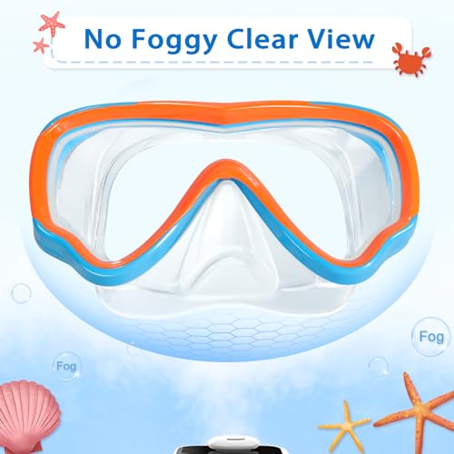 Freela Kids Swim Goggles Diving Mask for Youth 6-14, Tempered Glass Lens, 180° HD View Goggles with Nose Cover for Pool Beach