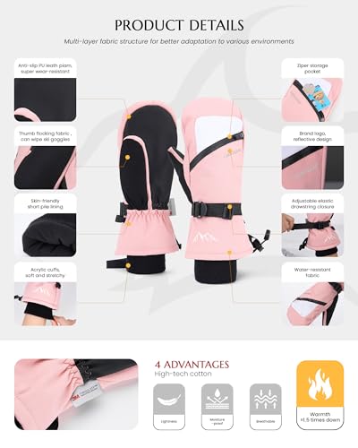 Caracaleap Winter Ski Mittens for Men Women Cold Weather- Warm Snowboard Mittens Gloves Waterproof Snow Sports Mitts Gloves