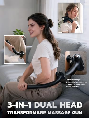 Dual Head Detachable Percussion Massage Gun with Extension Handle, 3-in-1 Back Massager for Pain Relief Deep Tissue with 1...