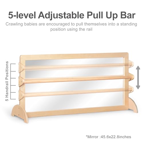KRAND 3-Position Montessori Wood Frame Non-Shatter Safety Pull Up Bar Baby Big Mirror Set, Infant Coordination Mirror, Kid...