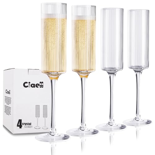 Ciaell Champagne Flutes Set of 4 - Vintage Ribbed Crystal Hand Blown Champagne Glasses With Long Stem - Elegant Sparkling ...