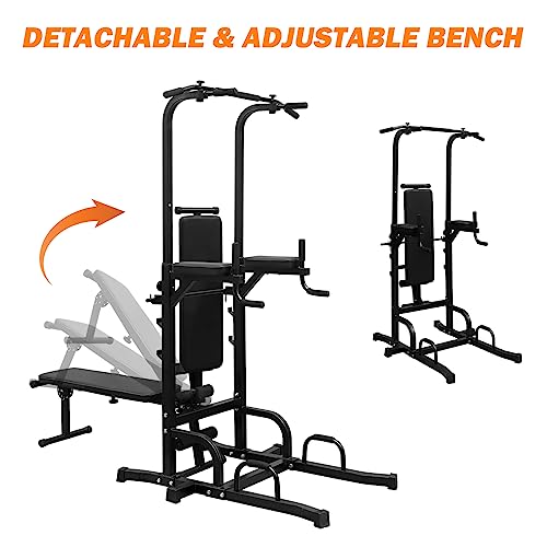 SculPong Pull Up Bar Station Adjustable Power Tower for Home Gym Strength Training Dip Stands with Bench