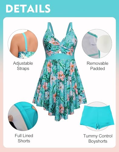 Arolina Plus Size Bathing Suit for Women Swim Dress Tummy Control Swimsuits Two Piece Flowy Tankini with Shorts