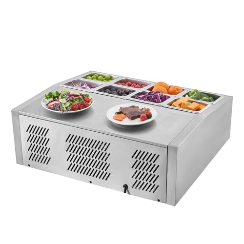 VEVOR Refrigerated Condiment Prep Station, 150 W Countertop Refrigerated Condiment Station, with Eight 1/6 Pans, 304 Stainless Body and PC Lid, Sandwich Prep Table, for Restaurant & Food Stall