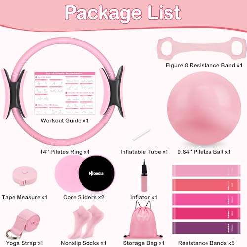 Hoedia 17 PCS Pilates Kit for Women, Pilates Equipment Ring and Ball Set with Resistance Bands, Yoga Strap, Core Sliders, ...
