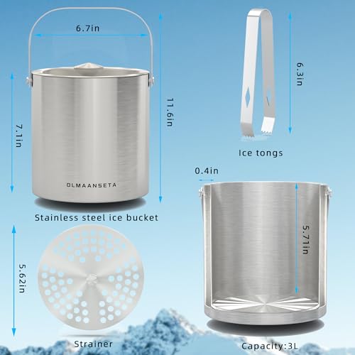 Olmaanseta Stainless Steel Ice Bucket For Parties With Lid And Ice Tongs,Insulated Wine Bucket With Strainer Keeps Drinks ...