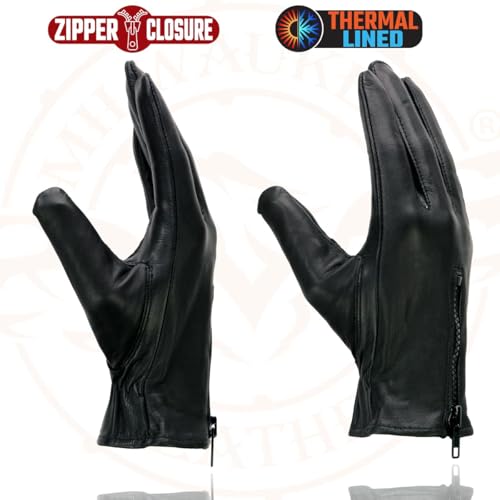 Milwaukee Leather SH226TH Men's Black Thermal Lined Leather Motorcycle Hand Gloves W/Wrist Zipper Closure