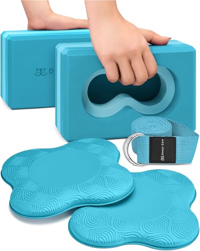 Deep-Zen® Yoga Blocks Wrist Support; Yoga Blocks 2 Pack with Knee Pads and Strap to Put Less Weight on Wrists; Durable, Ve...