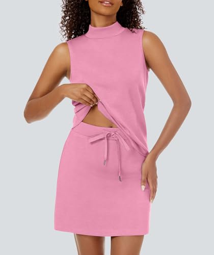 Casly Lamiit Two Piece Skirt Set for Women Sweatsuits Tennis Outfits Casual Mock Neck Sleeveless Top Elastic Short Skorts