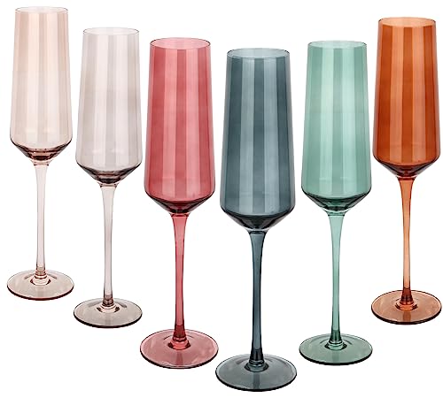 Colored Champagne Flutes Set of 6, Large 8 Oz Hand Blown Crystal Glasses, Lead-Free Colorful Glasses, Italian Style Tall S...