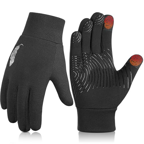 OOPOR Kid Winter Gloves with Grip - Boy Girl Wram Thermal Ski Touch Screen Bike Mittens Black 6-12 Year