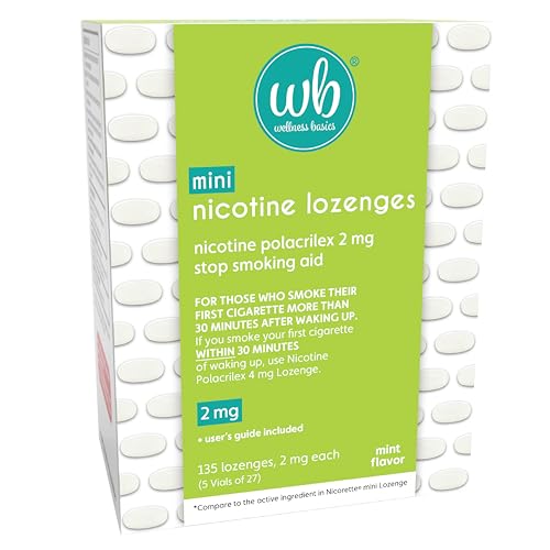 Wellness Basics Mini Nicotine Lozenge 2mg | Stop Smoking Aid | Mint Flavor | 135 Count | Pack of 5 Vials | Reduces Craving...